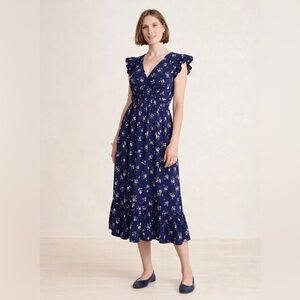 Vineyard Vines Marina Floral Midi Dress Navy Flutter Sleeve Smocked Waist L